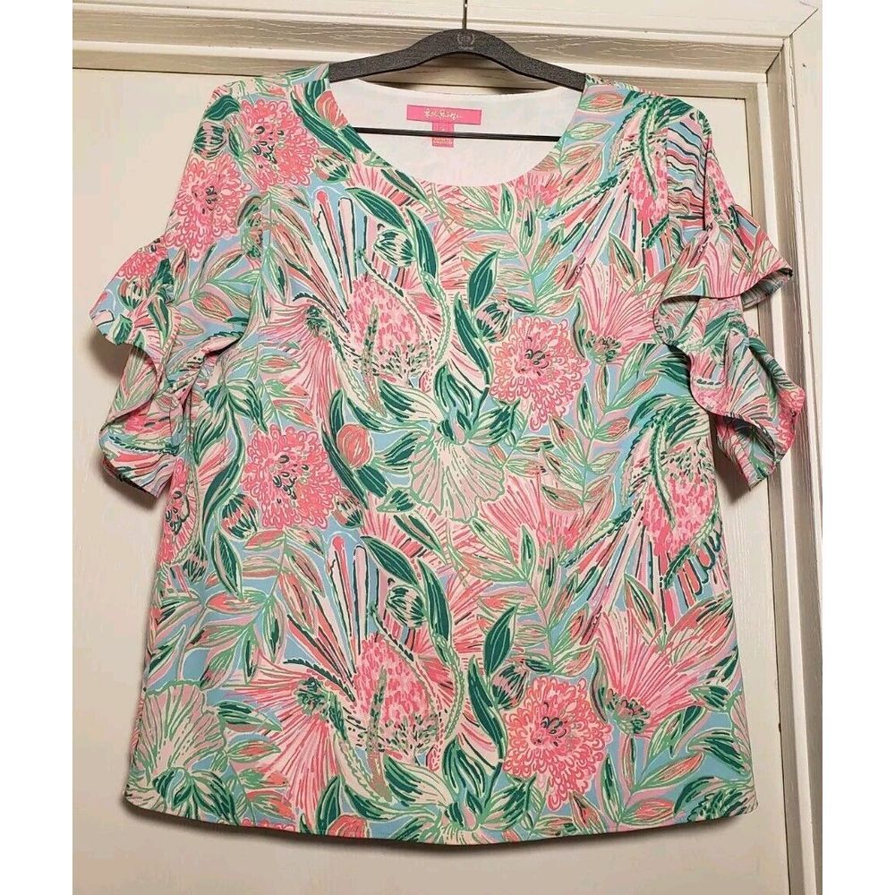 Women's Lilly Pulitzer Ruffle Sleeve Lined Beldon Floral Short Sleeve Top Small